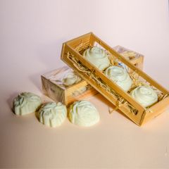 3 soaps in a wood box decorated with natural dry flowers