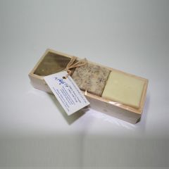 3 different shapes of Soap in a wooden box
